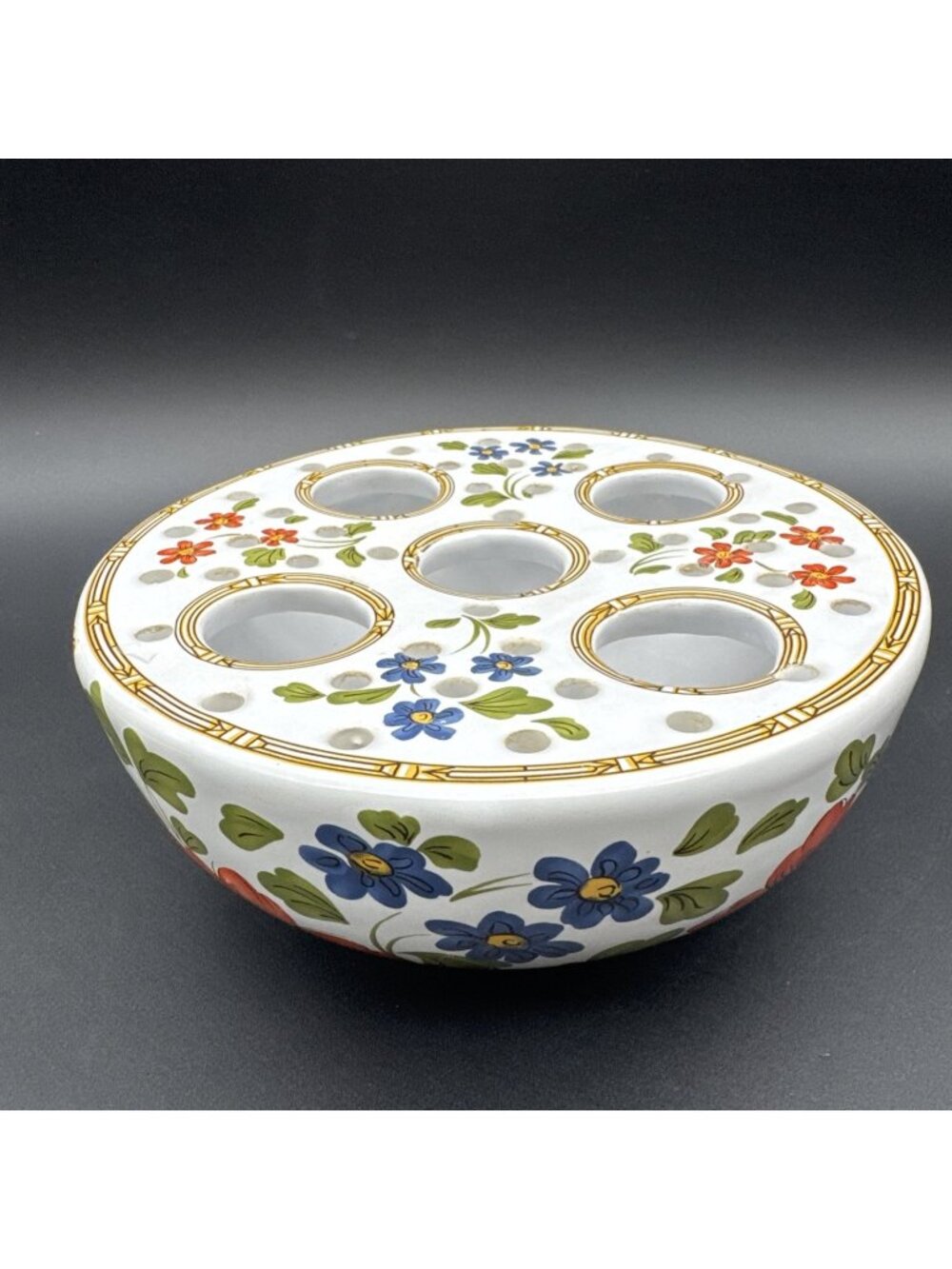 Mottahedeh Portugal Delftware Floral Flower Frog Bulb Ceramic Vase Cottage Farm